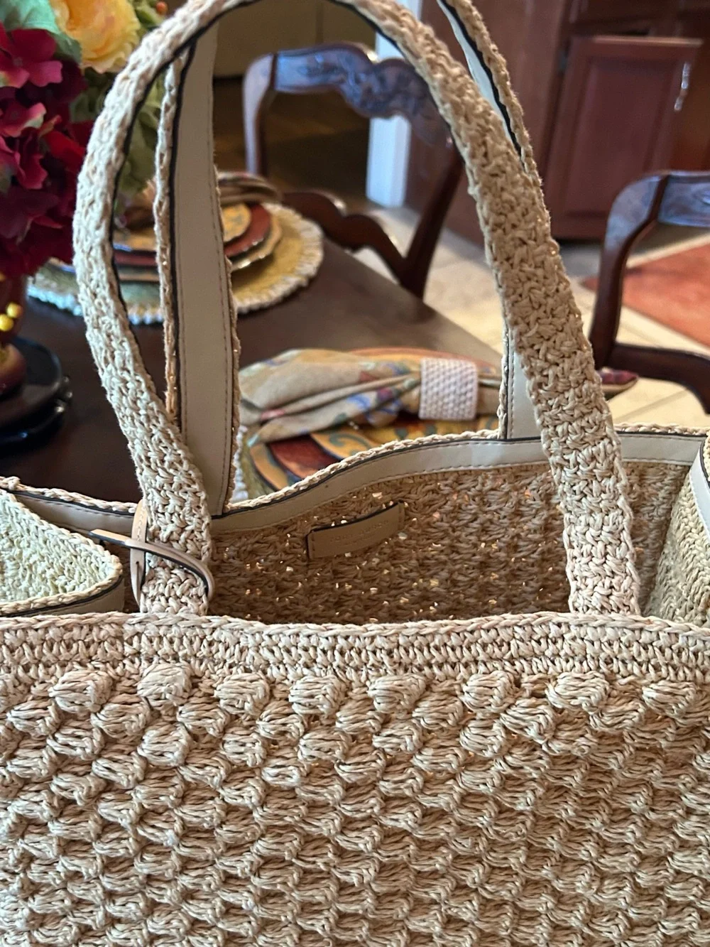 Tory Burch Small. Raffia -Crocheted Popcorn Tote in Natural Beige